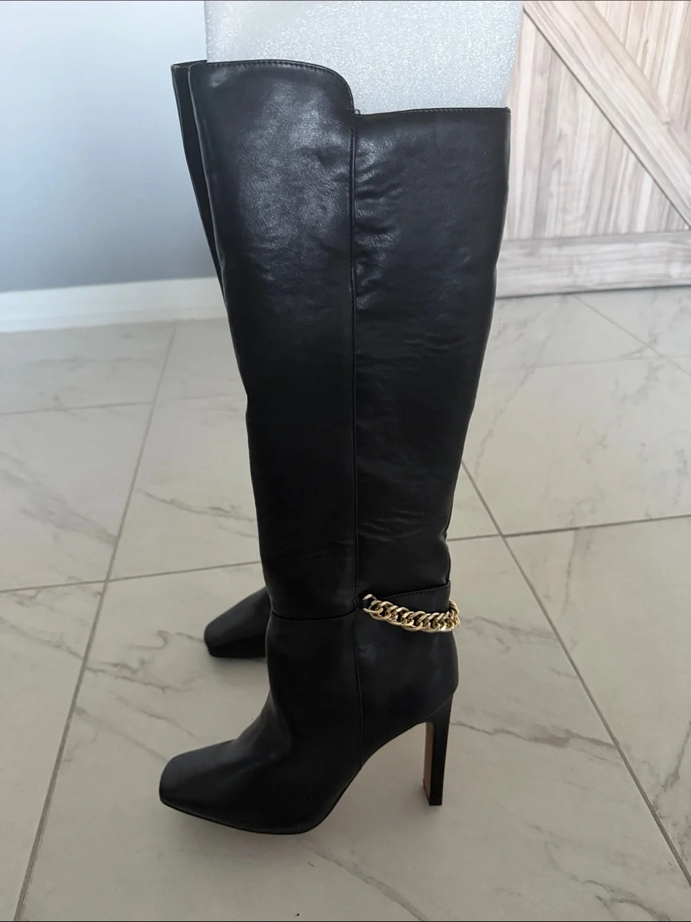 Express Black Over-the-Knee Heeled Boots with Gold Chain Accent - NEVER WORN